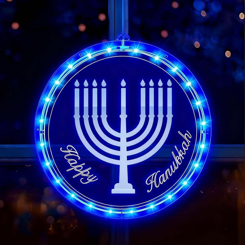 ONANNA Lighted Hanukkah Decorations Blue Chanukah Window Lights for Jewish Judaism Synagogue Passover Shabbat Christmas Hanging Lamp Ornament for Home Office Indoor Outdoor Decor - Image 1